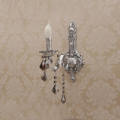 Gorgeous European Style Wall Sconce Features Decorative Silver Detailing and Beautiful Crystal Drops with Single Candle Light