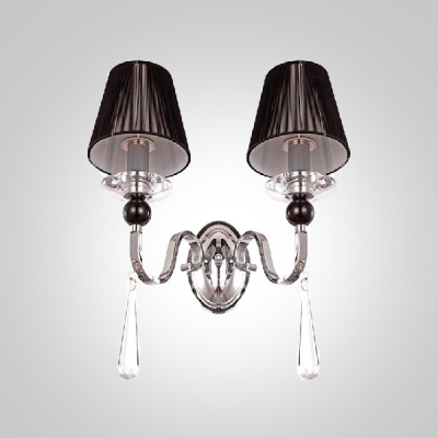 Impressive Faceted Crystal Drops and Black Empire Fabric Shades Add Charm to Delightful Two Lights Wall Sconce