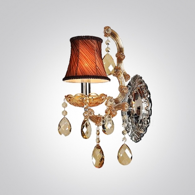 Luxury Single Light Wall Sconce Features Red Fabric Shades and Amber Crystal Drops