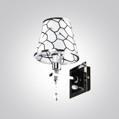 Sophisticated Refined Silver Finished Crystal Accent Wall Sconce with Delicate Block Patterned Fabric Shade