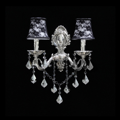 Stunning Black Flowers on White Fabric Shades Double Light Wall Sconce with Elaborate Silver Finish