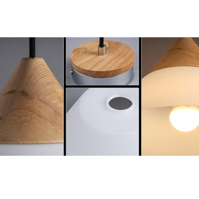 Wood Adorned Creams Glass Shaded Mini Cone Pendant Light