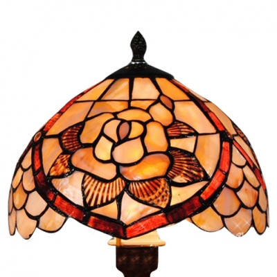 20 Inch Tiffany Table Lamp with Rose Motif Shell Shade and Wrought Iron Base