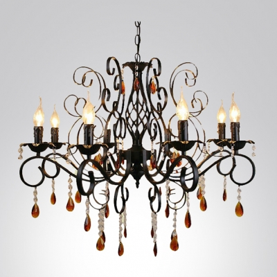 Amber Crytsal Droplets Clear Crystal Beads Scroll Arms Black Traditional Chandelier