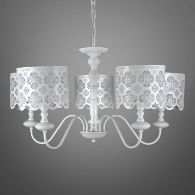 Beautiful White Hollow Out Floral Designer 5-Light Chandelier with Drum Shades