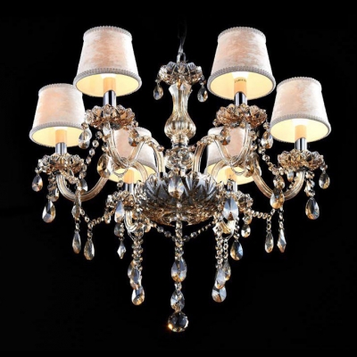 Cream Colored Fabric Bell Shade Champagne  Crystal Strands and Droplets Cascades Chandelier