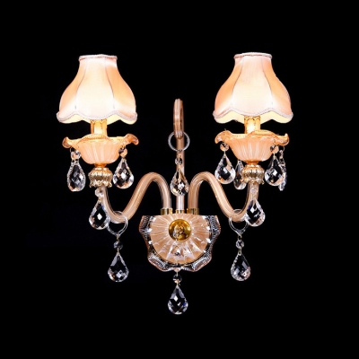 Curvaceous Dazzling Two Light Wall Sconce with Elegant Crystal Scrolling Arm and Drops