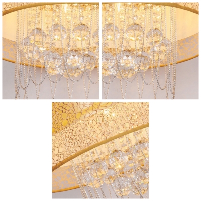Enchanting Large Pendant with Gold Fabric Shade and Strands of Crystals Create  Welcomed Addition