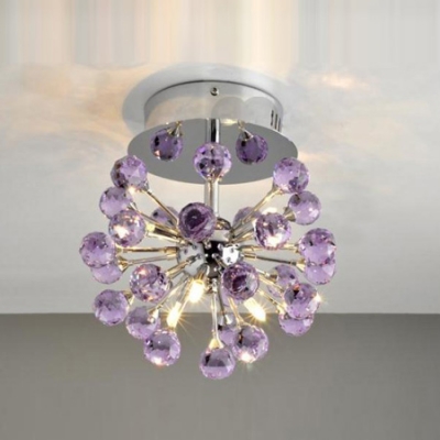 Finely Hand Cut Purple Small Crystal Balls Romantic 6-Light Semi Flush Mount