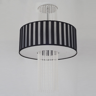 Four Lights Modern Close to Ceiling Light  with Black Stripe Pattern Drum Shade and Strands of Crystal Beads