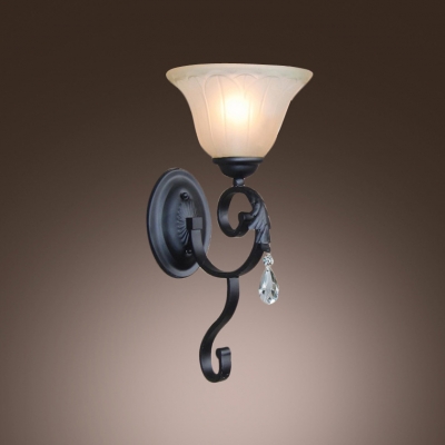 Gleaming Single Light Wall Sconce Adorned with Graceful Scrolling Arm and Clear Crystal Drop