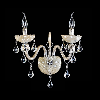 Graceful Scrolling Arms and Crystal Drops Creates Sparkling Wall Sconce