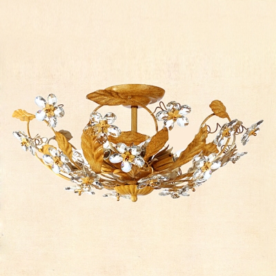 Lovely Crystal Flowers and Brass Finish Highlight Beauty of Elegant Ceiling Light Fixture