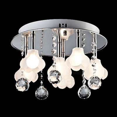 Romantic White Flower Shade Round 6-light Flush Mount Accented by Crystal Balls