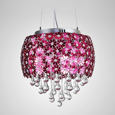 Strands of  Shimmering Drops and Red Flowers Shade Composed Elegant Crystal Chandelier