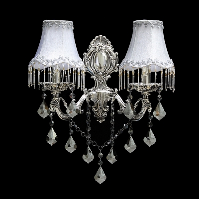 Stunning Wall Light Fixture Features Lead Crystal Drops and Delicate Polished Silver Finish Topped with White Fabric Shades