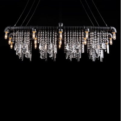 Iron Bar with Crystal Droplet Vintage Linear Pendant Chandelier 15-Light