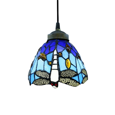 

6" Width Tiffany Style Mini Pendant Light Spotlighted with Vivid Dragonfly, Blue;orange, HL275131