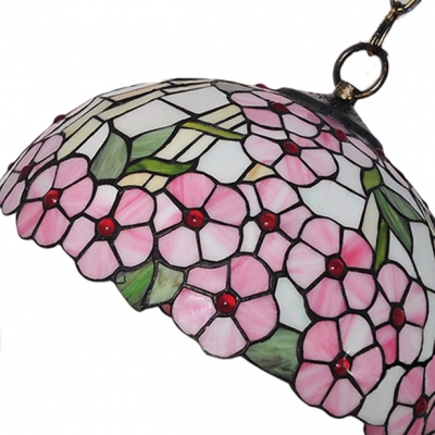 Beautiful Pink Blossom Patterned Glass Shaded Tiffany Two Light Mini Pendant Offering Romantic Atmosphere