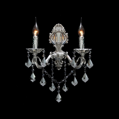 Decorative Two Light Wall Sconce Features Delicate Silver Detailing and Beautiful Crystals