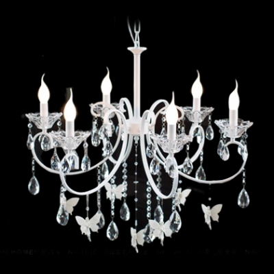 Delicate Small Butterfles Suspended and Hand Cut Crystal Strands and Droplets Accented 6-Light Chandelier