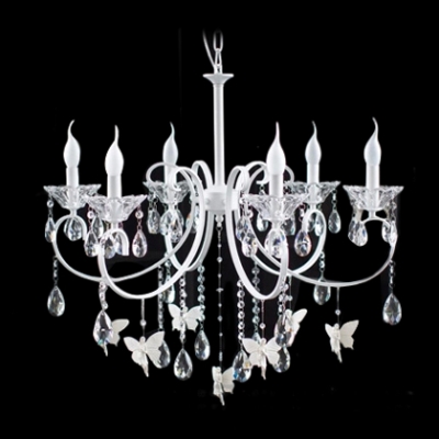 Delicate Small Butterfles Suspended and Hand Cut Crystal Strands and Droplets Accented 6-Light Chandelier