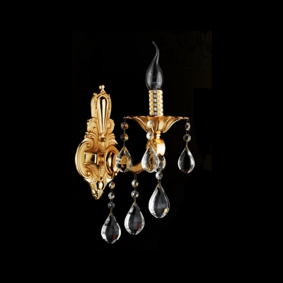 Luxury Shimmering Gold Single Light Wall Sconce Offers Exquisite Embelishment with Clear Crystal Droplets