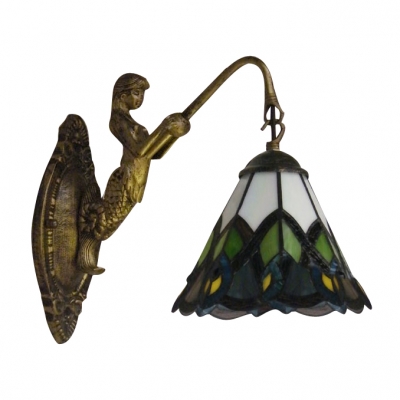 Mermaid Wall Sconce Features beautiful Peacock Tail Pattern Tiffany Glass Shade