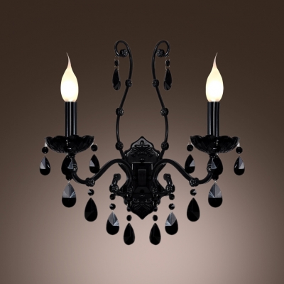 Mysterious Black Crystal Accents and Two Candelabra Style Lights Composed Modern Wall Sconce