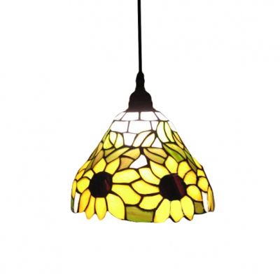 

Yellow Sunflower Motif Hand-made Glass Shade Tiffany Mini Pendant, HL314022