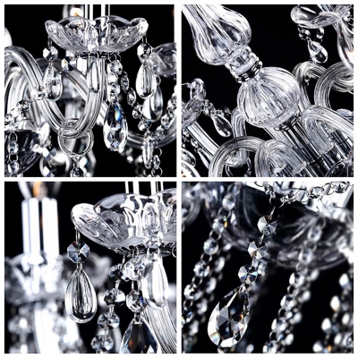 Clear Crystal Curved Arms 6 Candle Lights Chandelier with Glittering Droplets
