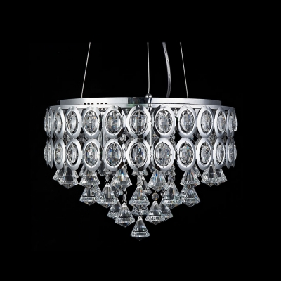 Contemporary Chrome Finished Metal Shade Pendant Light Droping Cluster of Clear Crystal Diamonds