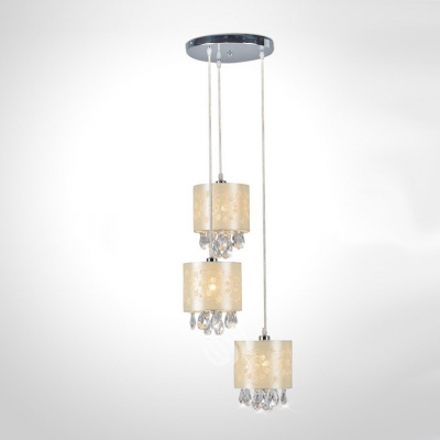 

Delicate Beige Fabric Shades and Clear Crystal Drops Add Charm to Graceful Multi-Light Pendant, HL360415