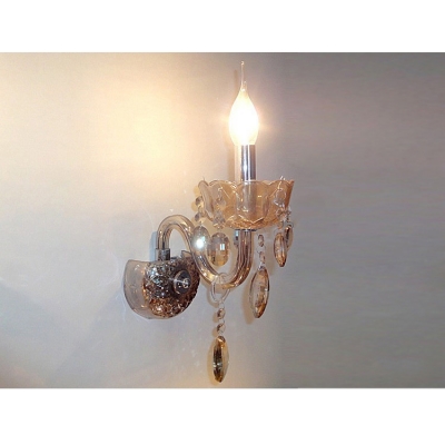 Elegant Single Light Wall Sconce Features Graceful Curving Crystal Arm and Droplets