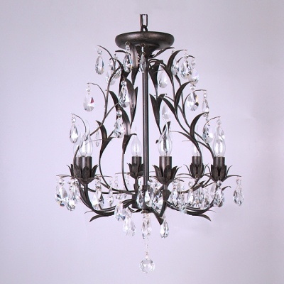 5-Light Hanging Glittering Clear Crystals and Rustic Iron Leaf Chandelier