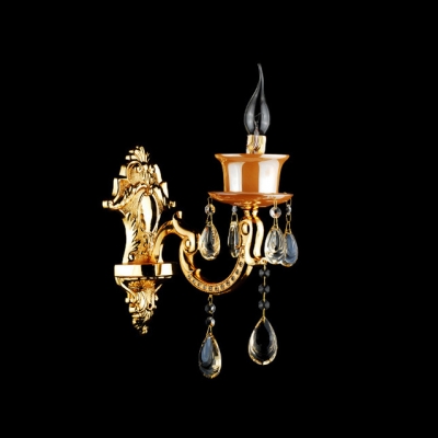 Beautiful Gold Wall Light Fixture Featured Delicate Strolling Arm and Lead Crystal Droplets
