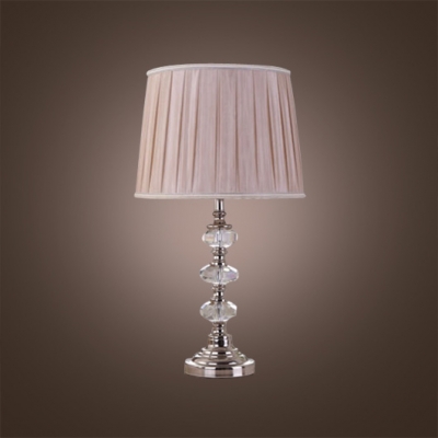 Contemporary Table Lamp Designed As Stack of Crystal Orbs with Beige Pleated Fabric Shade