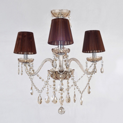 Elegant and Romantic 3-Light Mini Chandelier Accented by Brown Shades and Dangling Crystal Droplets