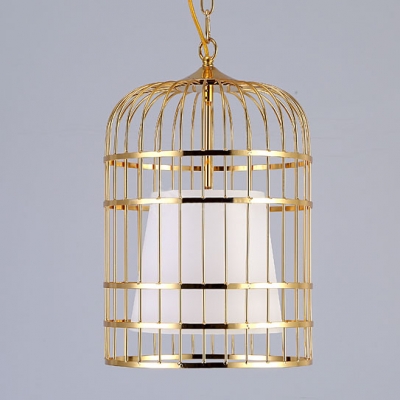 Gloden Finished Industrial Bird Cage LED Pendant with White Shade