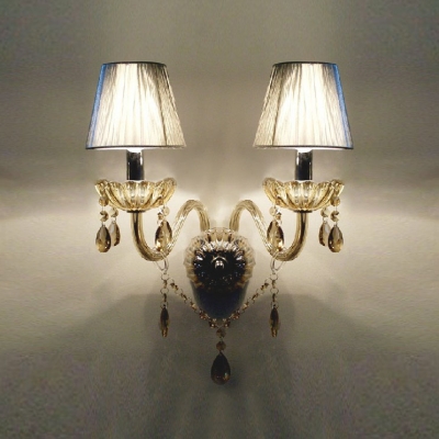 Magnificent Two Light Wall Sconce Features Graceful Curving Crystal Arms and Elegant Fabric Shades