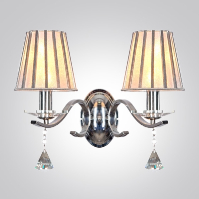 Modest and Chic Clear Crystal Teardrops Two Lights Wall Sconce Embracing Gray Empire Fabric Shade