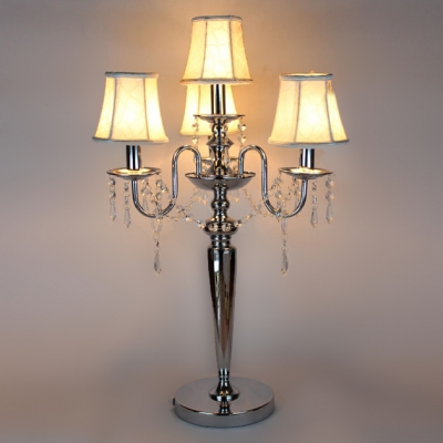 Sophisticated Three Light Table Lamp Adorned with Delicate Fabric Bell Shades and Decorative Crystal Beads