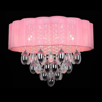 Sparkling Clear Crystal Teardrops Falling and Pink Shaded Romantic Flush Mount