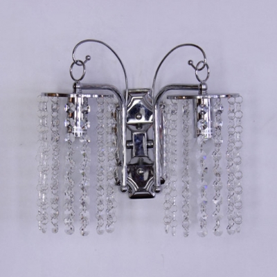 Sparkling Wall Light Fixture Adorned with Graceful Scrolling Arms in Chrome Finish and Beautiful Clear Crystal Falls