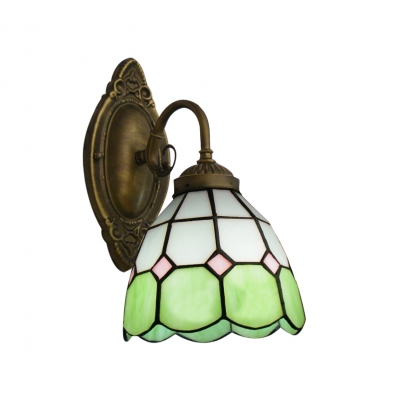 Spring Green and White Tiffany Glass Shade Wrought Iron Wall Sconce