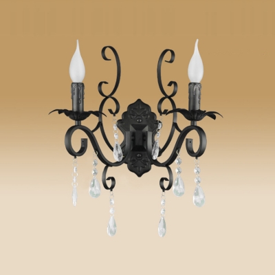 Vintage Black Base Two-light Wall Sconce Features Beautiful Crystal Accent and Graceful Scrolling Arms