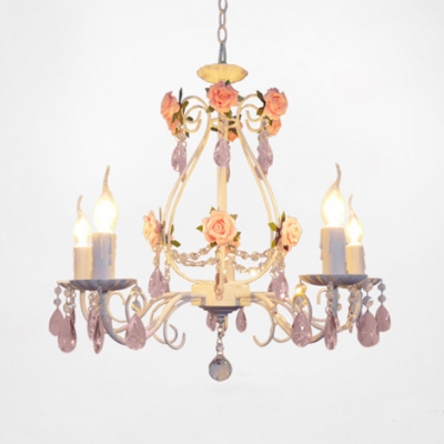 5-Light Pink Crysal Droplets and Clear Crystal Strands Chandelier with Flowers