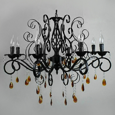 Amber Crytsal Droplets Clear Crystal Beads Scroll Arms Black Traditional Chandelier