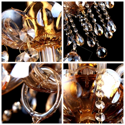 Brown Faceted Clear Crystal Droplets and Chains Gold Finished Chandelier