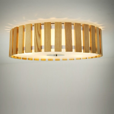 Drum Shaded Wood Battens Designer Flush Mount Ceiling Lights